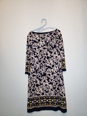 Chaps Womens L Boho Floral Shift Dress Navy Blue Boat Neck Office Stretchy